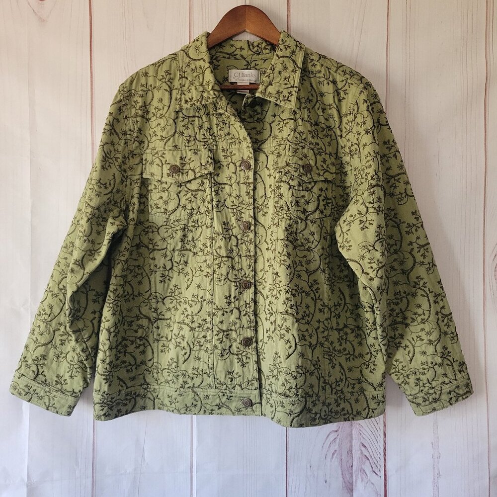 CJ Banks Green Embroidered Button-down Jacket, Shacket, Women’s 1X, 100% Cotton